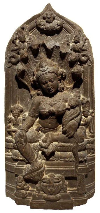 Devi Manasa with her husband Jaratkaru son Astik SculpturePedia Manasa with her Family