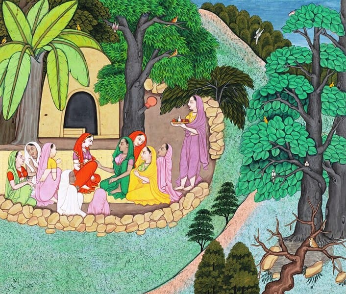 Priyamvada brings a tray of cosmetics to adorn Shakuntala