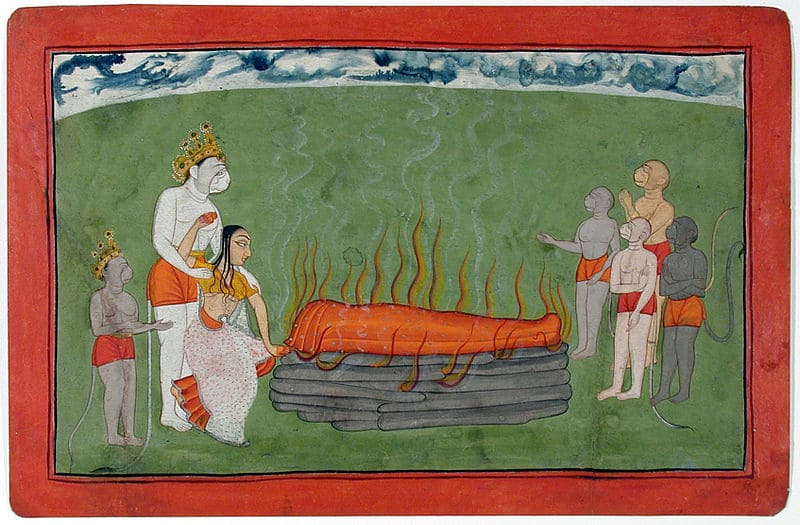 The funeral of Bali attended by Tara, Sugriva and Angada