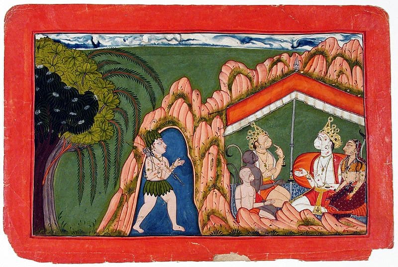 A Bhil hunter approaches a tent where there is a meeting of two monkey leaders