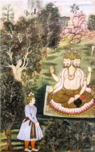 Brahma and Indra illustrated folio from Razmnama