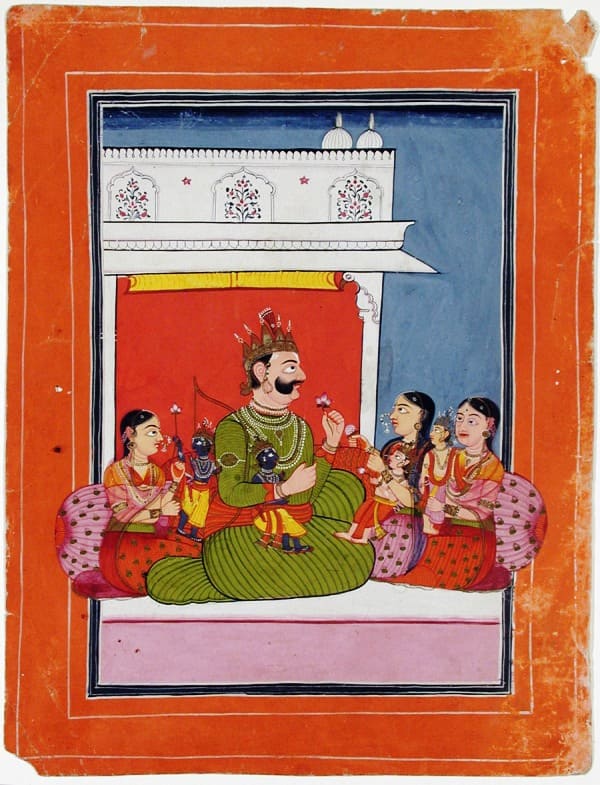 Dasaratha with Kaushalya, Kaikeya and Sumitra with his sons