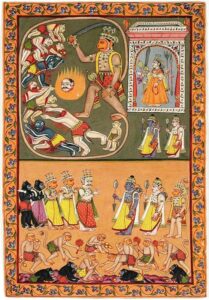 Hanuman slays a group of demons Rama and Lakshmana greet the monkeys and bears