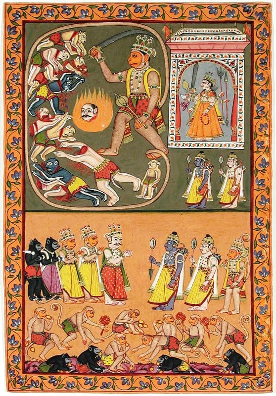 Hanuman slays a group of demons; Rama and Lakshmana greet the monkeys and bears