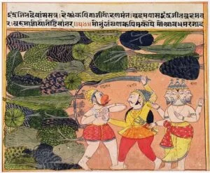 Hanuman attacked by Indrajit in front of Brahma