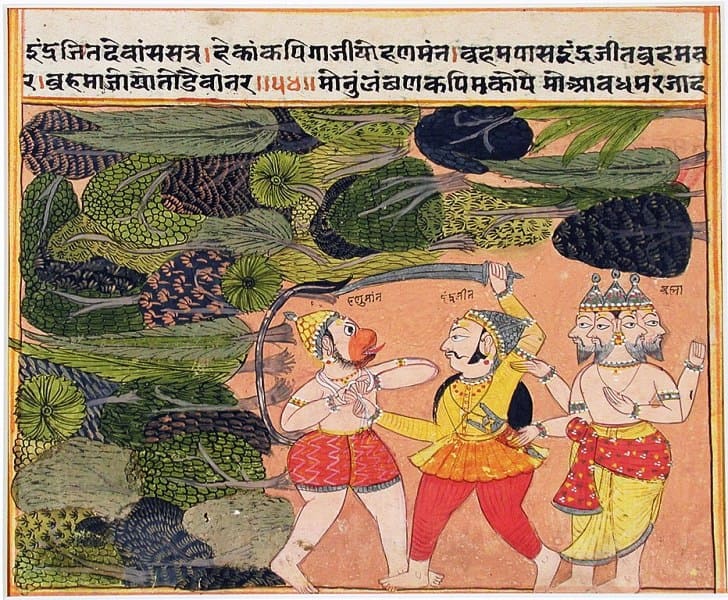 Hanuman attacked by Indrajit in front of Brahma