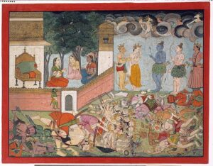 Indra pays homage to Rama after Ravana and his hoards are destroyed