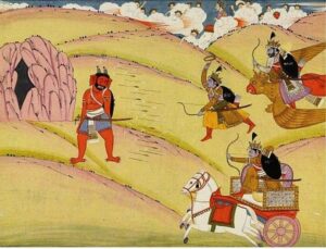 Krishna Arjuna and Pradyuma release a shower of arrows at the Demon Nikumbha