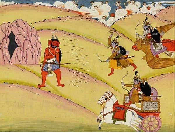 Krishna, Arjuna and Pradyuma release a shower of arrows at the Demon Nikumbha