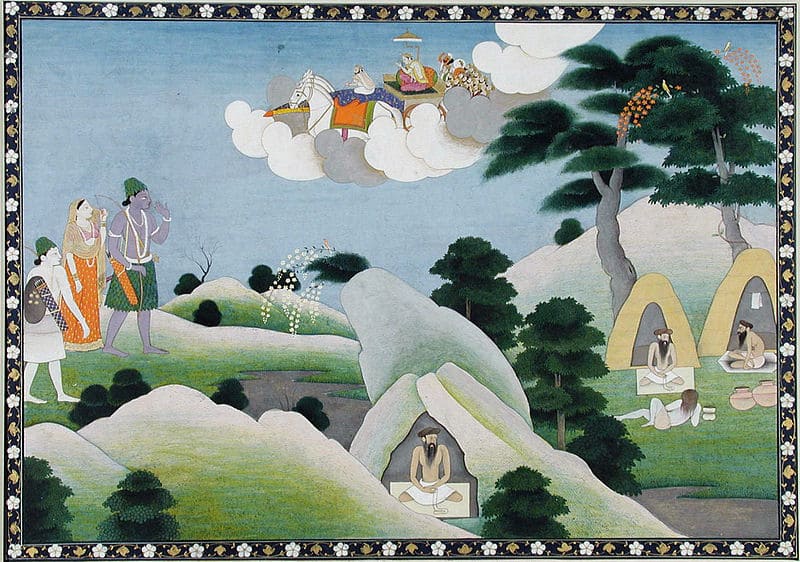Rama, Sita and Lakshman approaching the hermitage of the sage Atri