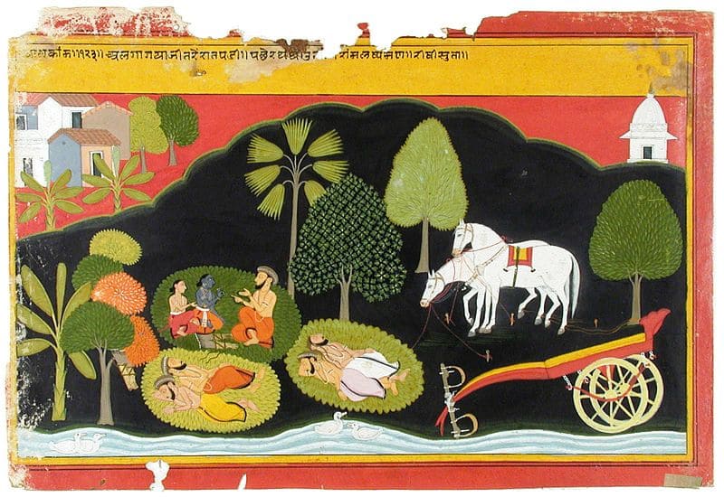Rama and Lakshman converse with a man at night, while the others sleep