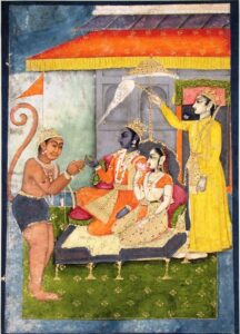 Rama and Sita enthroned, adored by Hanuman; Lakshmana