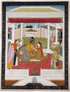 Rama and Sita enthroned in a pavilion, attended by Hanuman
