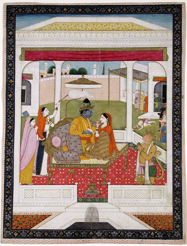 Rama and Sita enthroned in a pavilion, attended by Hanuman