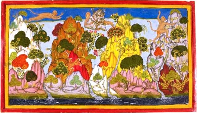 The monkey Hanuman carries a herb mountain