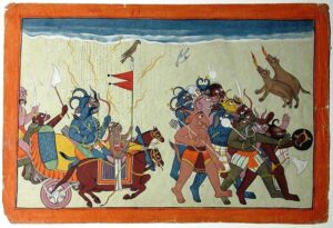 demon Dhumraksha in a chariot leads his army to attack Hanuman
