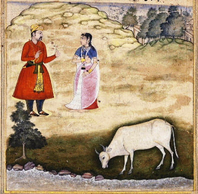 Thewifeofoneofthevasusistemptedtostealthewishbearingcow SculpturePedia Wife of one of the Vasus is tempted to steal the wish bearing cow Nandini
