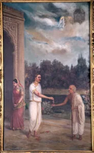 Karna sacrifices his divine armor while his wife watches in distress