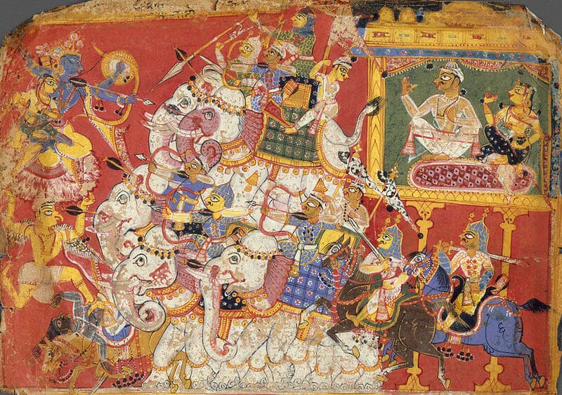 Krishna and Satyabhama fighting Narakas armies