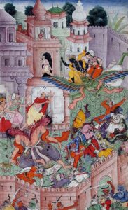 Krishna Cleaves the Demon Narakasura with his Discus