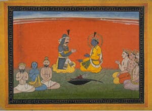 Krishna talking with Yudhishthira and his brothers