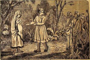 Samba dressed as a pregnant woman being presented to the sages