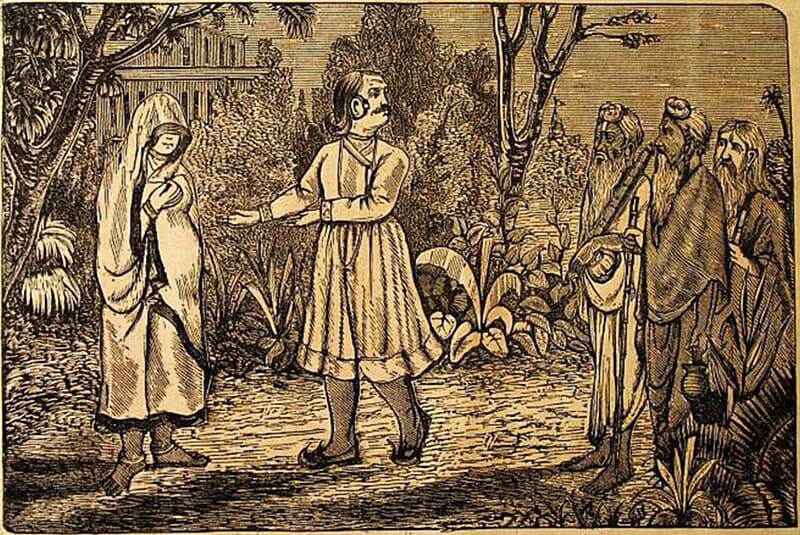 Samba dressed as a pregnant woman being presented to the sages