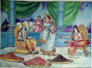 Satyabhama gives Krishna to Narada as Gift