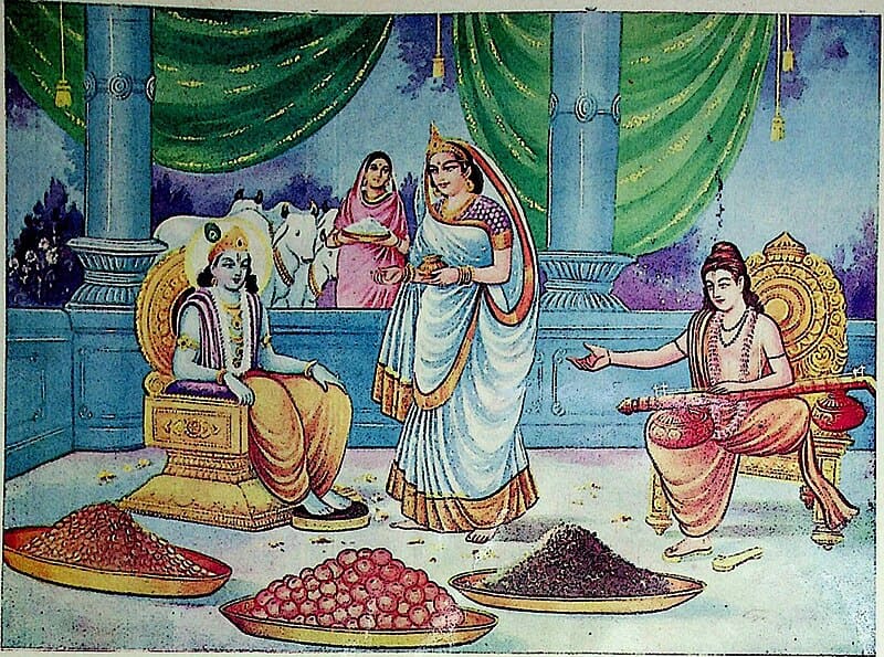 Satyabhama gives Krishna to Narada as Gift