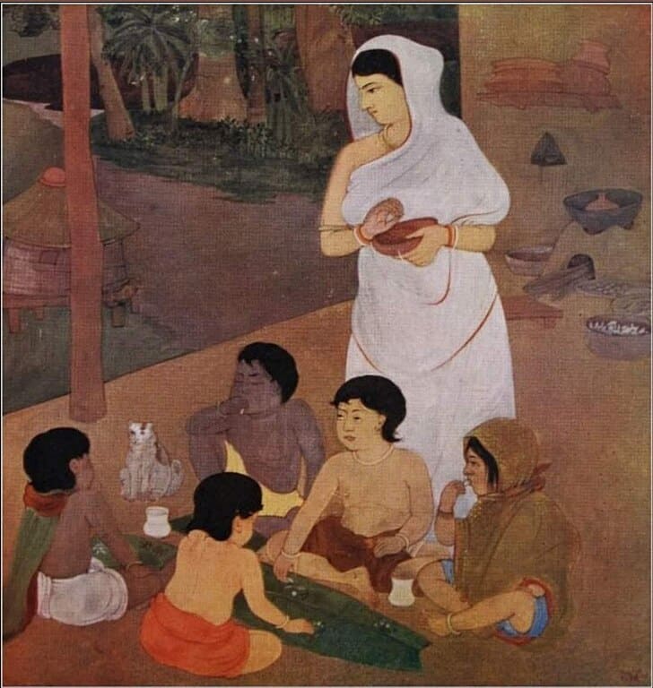 The Festival of Cakes by Nandalal Bose depicting the widowed Kunti feeding her five children