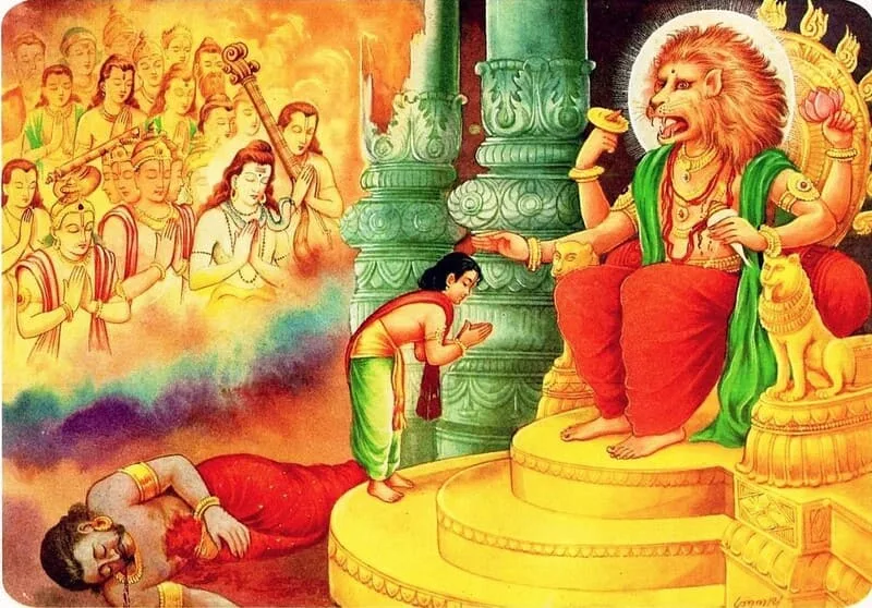 Lord Narasimha calms after Prahalad's prayer